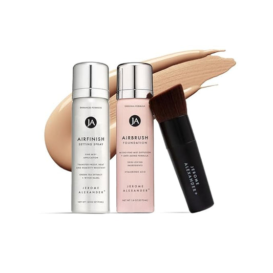 MagicMinerals AirBrush Foundation Set by Jerome Alexander – 3pc Set Includes AirFinish, Foundation and Kabuki Brush - Spray Makeup with Anti-aging Ingredients for Smooth Radiant Skin (Light Medium)