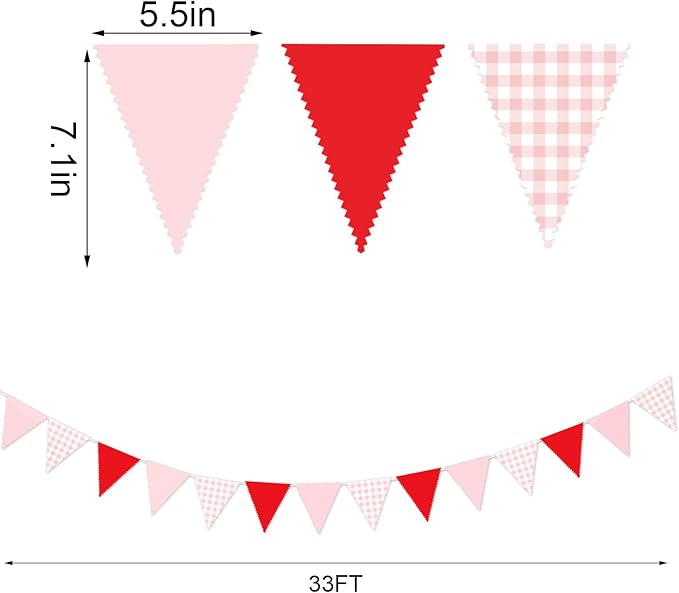 33 Ft Valentine's Day Hanging Banner Decoration Triangle Flag Red Pink Pennant Plaid Fabric Bunting Garland for Anniversary Wedding Baby Shower Party Supplies