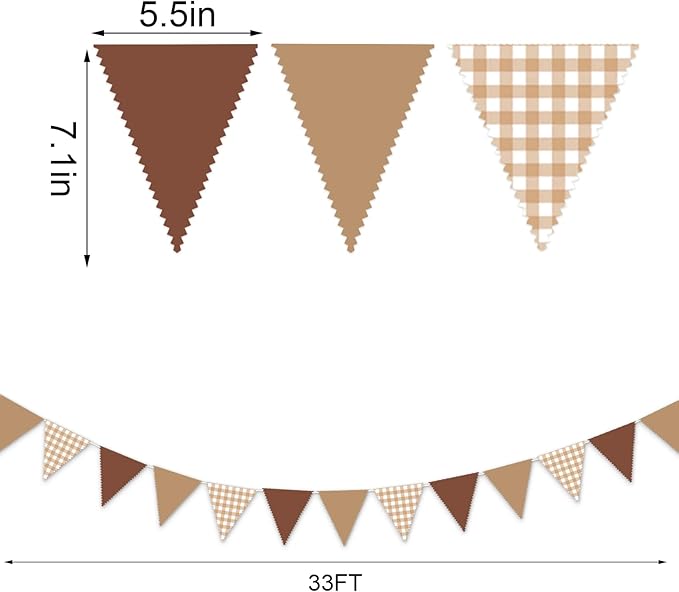 33 Ft Gingham Hanging Banner Decoration Brown Pennant Plaid Triangle Flag Fabric Bunting Garland for Birthday Baby Shower Party Supplies