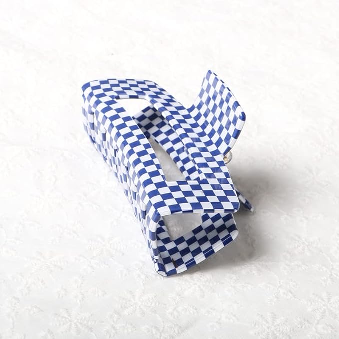 Vintage Checkered Cellulose Acetate Hair Claw Clips for Women and Girls, Pack of 1 - Nonslip Banana Clamp (Blue, L)