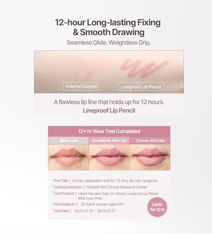 Heart Percent Dote On Mood Lineproof Lip Pencil, 12hr Long-Lasting Moderately Pigmented Creamy OverLip Crayon Waterproof Smooth Retractable Vegan Lip Liner Pencil 0.8g, #02. Pink Mousse