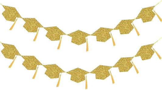 2025 Graduation Hats Decoration Banners Gold Glitter Graduation Cap with Tassel Banners Garlands Class of 2025 Graduate Party Banners for College High School Party Decorations