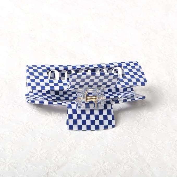 Vintage Checkered Cellulose Acetate Hair Claw Clips for Women and Girls, Pack of 1 - Nonslip Banana Clamp (Blue, L)