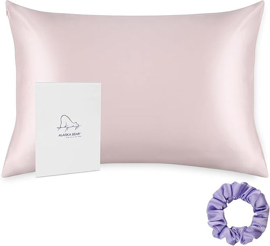 ALASKA BEAR 200% Good for You Silk Pillowcase for Hair and Skin Care Soft Pillow Case with Random Color Scrunchie Gift Set King (1pc, Soft Pink)