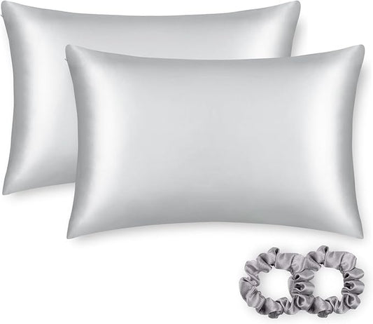ALASKA BEAR Silk Pillowcase for Hair and Skin, Set of 2 Pure Genuine 22 Momme Mulberry Silk Pillow Cases Standard Size for Bliss Sleep Better Than Poly Satin, Zipper Closure(2pc,Silver)