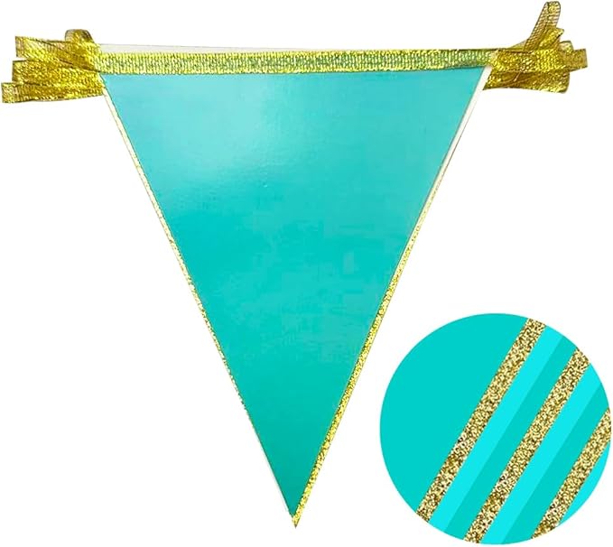 Teal Aqua Blue and Gold Party Decorations Pennant Banner Flag Hanging Glitter Paper Triangle Bunting for Baby Shower Birthday Graduation Bridal Shower Wedding Engagement Turquoise Party Decor Supplies