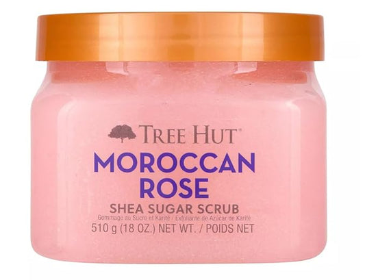 Tree Hut Moroccan Rose Shea Sugar Scrub, Exfoliating, Hydrating & Moisturizing Body Scrub with Shea Butter & Nourishing Essential Oils, Smooth & Soften Skin, 18 oz