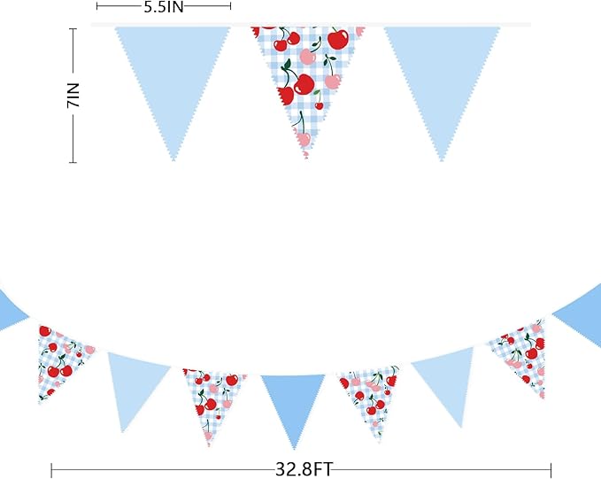32Ft Blue Gingham Cheery Pennant Banner Fabric Triangle Flag Garland Streamers Party Decorations for Ma Cherie Baby Shower Cherry on Top Bachelorette Fruit Birthday Picnic Spring Garden Supplies