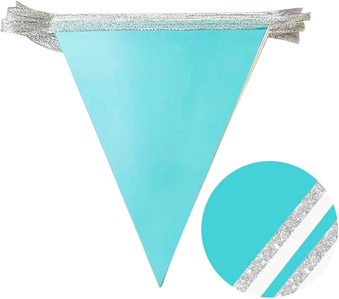 Teal Blue and Silver White Pennant Banner Flag Hanging Glitter Paper Triangle Bunting for Birthday Baby Shower Graduation Bridal Shower Wedding Engagement Turquoise Aqua Party Decorations Supplies