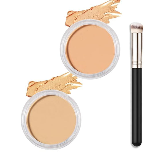 Kaely 2Pcs Cream Pot Concealer Full Coverage Makeup Set, Under Eye Brightener Color Correcting Concealer for Dark Circles, Waterproof Foundation Palette with Brush, Corrector de ojeras, 03+04