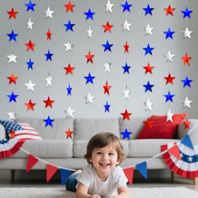 Red Silver and Blue Hanging Star Garland Patriotic Hanging Star Streamer Glitter Star Backdrop for 4th of July, Independence Day, Memorial Day, Veterans Day, Labor Day Decorations Decorations 40 Feet