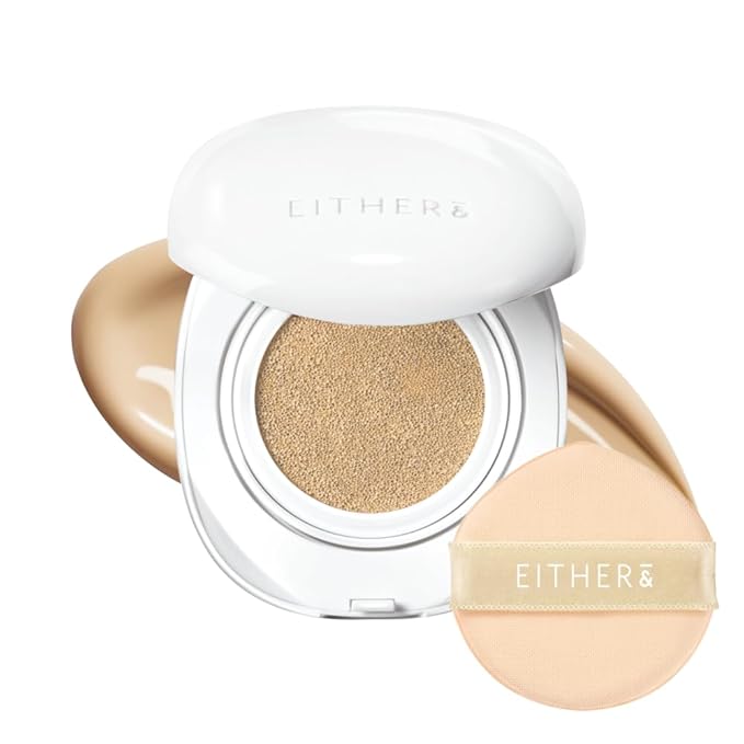 EITHER& Glow Pixel Cushion Foundation, Glowy Skincare, Korean Makeup, Natural Coverage, Moisturizing, Lightweight, Long Lasting Coverage for Flawless Skin (23N Sand)