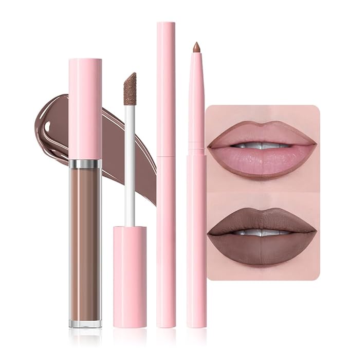 AMY'S DIARY 2pcs Taupe Lip Liner & Lipstick Makeup Set, Liquid Lipstick 24H and Lip Liner Set Matt Liquid Lips Make Up Waterproof Long Lasting (04#, 2 Pcs Set)