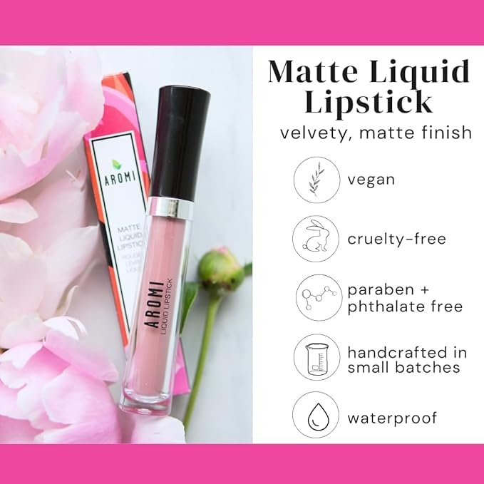 Aromi Matte Liquid Lipstick | Long-Lasting, Light, Pale Pink Lip Color, Waterproof, Vegan, Cruelty-free, Rosy Beige, Gluten Free (Blush Nude)