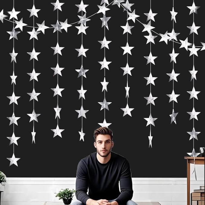 Silver Shining Star Hanging Garland Silver Hanging Sparkling Star Streamer Glitter Bunting Banner Twinkle Backdrop for Wedding Baby Shower Birthday Christmas Decorations 40 Feet