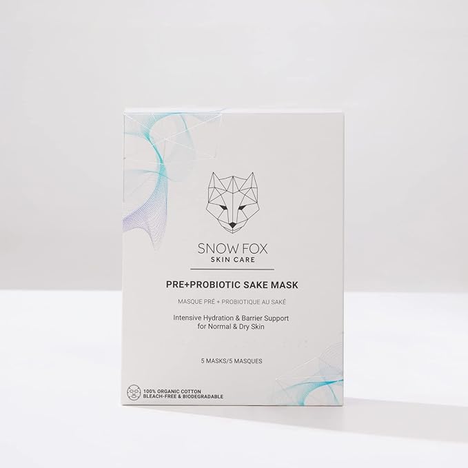 Snow Fox Pre+Probiotic Sake Sheet Mask – Microbiome Supportive Face Mask with 5 Vegan Biotics & Japanese Sake Ferment – Hydrating, Firming, Glowing Skincare – 5 Pack