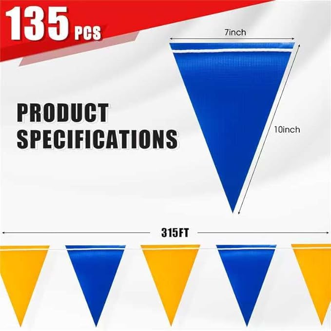 Safety Warning Pennant Banner Flags – Multipurpose 315FT OSHA High Visibility Colored Triangle Flags for Outdoor,Party, Roadwork, and Hazard Areas(BLUE+YELLOW,135pcs,315FT)