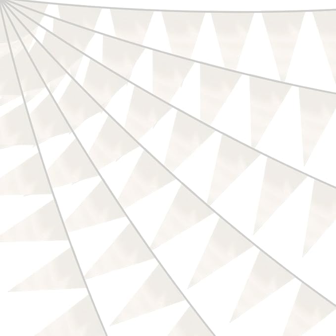 20M/65FT White Triangle Pennant Banner Flag Metallic Fabric Bunting Garland for Christmas Graduation Wedding Engagement Anniversary Bachelorette Birthday Bridal Shower Valentines Hen Party Supplies