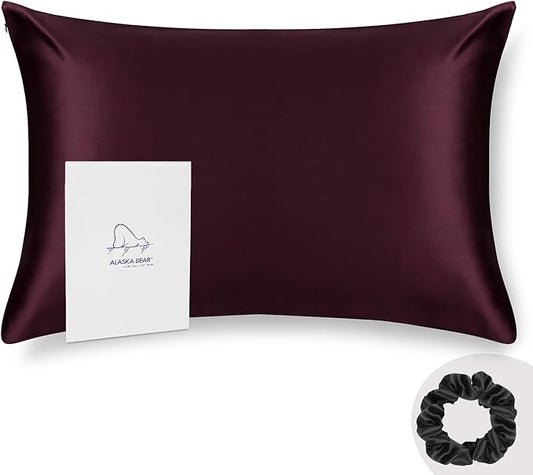 ALASKA BEAR King Silk Pillowcase and Scrunchie Gift Set Pillow Cases for Acne, Eyelashes & Extensions (1 Pack, Red Burgundy)
