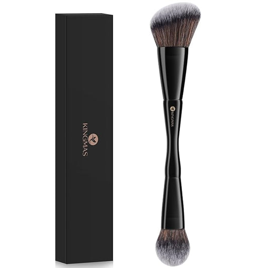 KINGMAS Foundation & Bronzer Duo Brush, Dual-ended Angled & Round Top Contour Makeup Brush, Synthetic Bristles for Beauty Blending Liquid Powder, Concealer Cream Blush (Black)