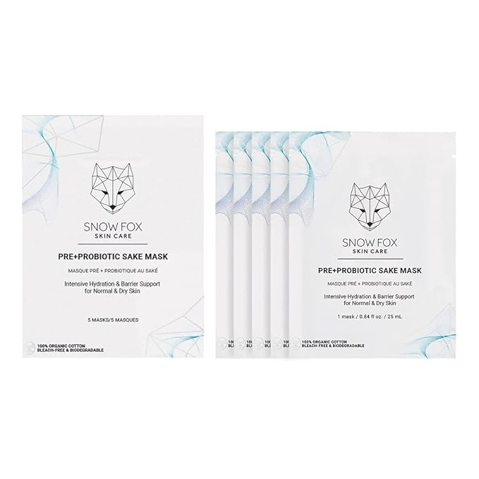 Snow Fox Pre+Probiotic Sake Sheet Mask – Microbiome Supportive Face Mask with 5 Vegan Biotics & Japanese Sake Ferment – Hydrating, Firming, Glowing Skincare – 5 Pack