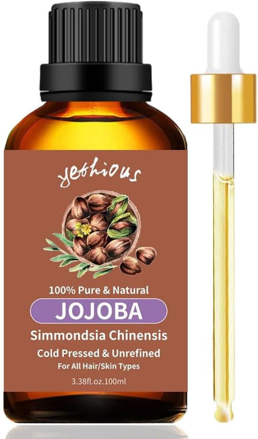 yethious Jojoba Oil Organic Cold Pressed Unrefined Pure Jojoba Oil for Essential Oils Mixing, Skin, Hair Growth, Face, Nails, Massage - 3.38 Fl Oz