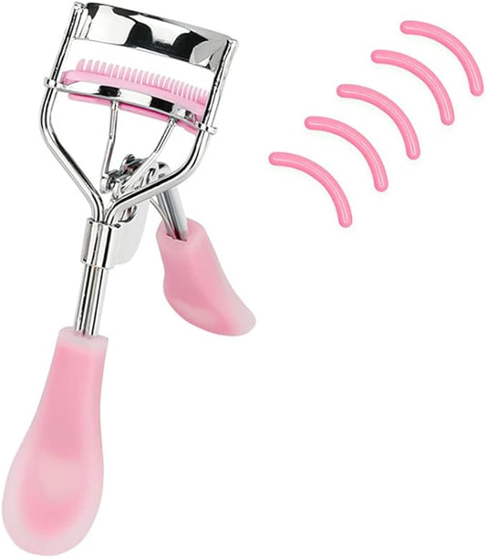 Stainless Steel Eyelash Curler with Built-in Comb Pinch Pain-Free Suitable for Any Eye Shapes and Sizes, with 5 Silicone Refill Pads (Hazy Pink)
