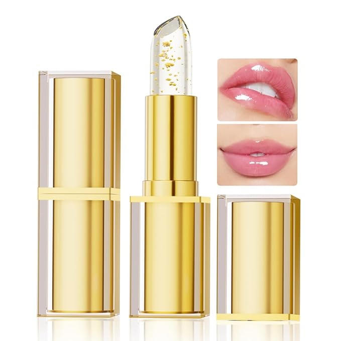 Color Changing Lipstick-Transferproof, Gold Crystal Ph Color Changing Lipstick, Clear Lip Stick That Changes Color, Moisturizing Glossy Shine Lip Balm, Hydrating Non-Sticky Lip Gloss for Women