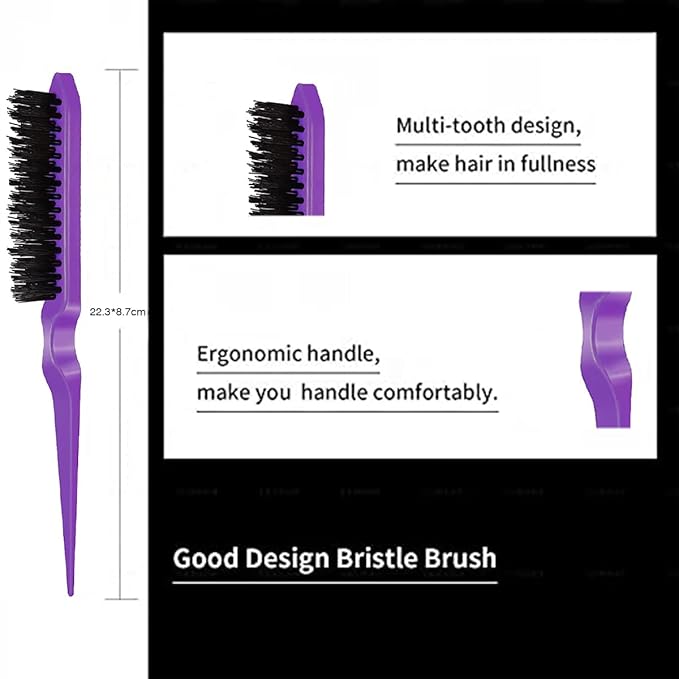 3 Pieces Hair Styling Comb Set Teasing Brush Rat Tail Comb Edge Brush for Edge&Back Brushing, Combing, Slicking Hair for Women (Purple)