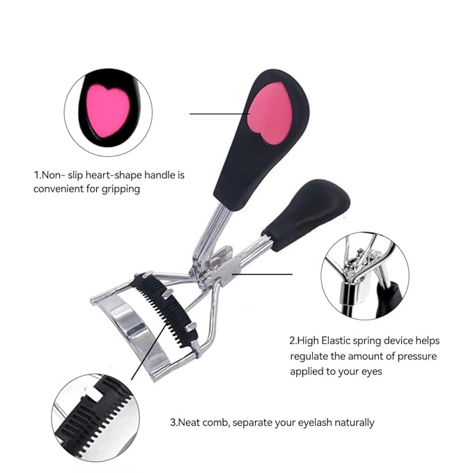 Stainless Steel Eyelash Curler with Built-in Comb Pinch Pain-Free Lash Curler with Brush Suitable for Any Eye Shapes and Sizes and with 5 Silicone Refill Pads (Black)