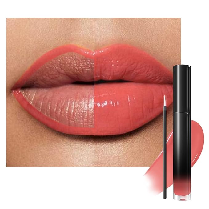evpct Coral Nude Pink Shiny Longwear No-Budge Liquid Lip Color Lipstick Makeup, Highly Pigmented Color Instant Shine, Waterproof Long Lasting Lipstick Women Lip Stain Gloss with Lip Liner Brush, 20#