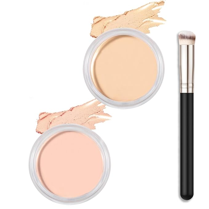 Kaely 2Pcs Cream Pot Concealer Full Coverage Makeup Set, Under Eye Brightener Color Correcting Concealer for Dark Circles, Waterproof Foundation Palette with Brush, Corrector de ojeras, 01+02