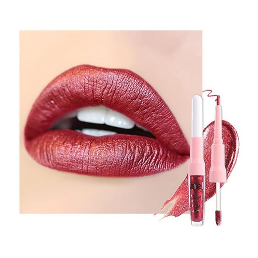 evpct Dark Red Metallic Glitter Lip Liner and Lipstick Combo Lip Gloss Stain Set Makeup for Women Long Lasting Waterproof 24, Wine Red Frosted Metallic Shimmer Glossy Chrome iridescent Liquid Lipstick