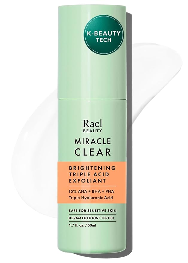 Rael Face Exfoliator, Miracle Clear – Exfoliating Serum with 15% AHA/BHA/PHA Complex and Hyaluronic Acid, Hydration, Korean Skin Care (1.7 fl oz)