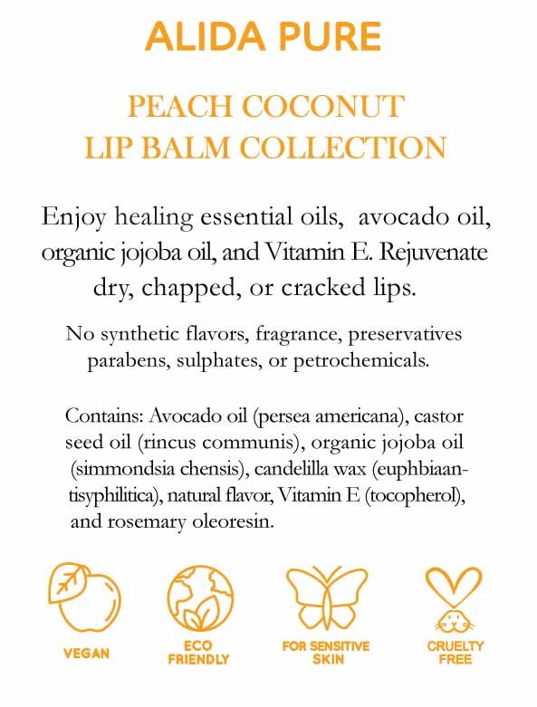 Peach Coconut Lip Balm Collection, Vegan Set, Lip Balm, Beeswax Free, with Organic Jojoba And Avocado Oil, Vitamin E, Natural Moisturizer for Dry, Chapped Lips, 3 Tube Set