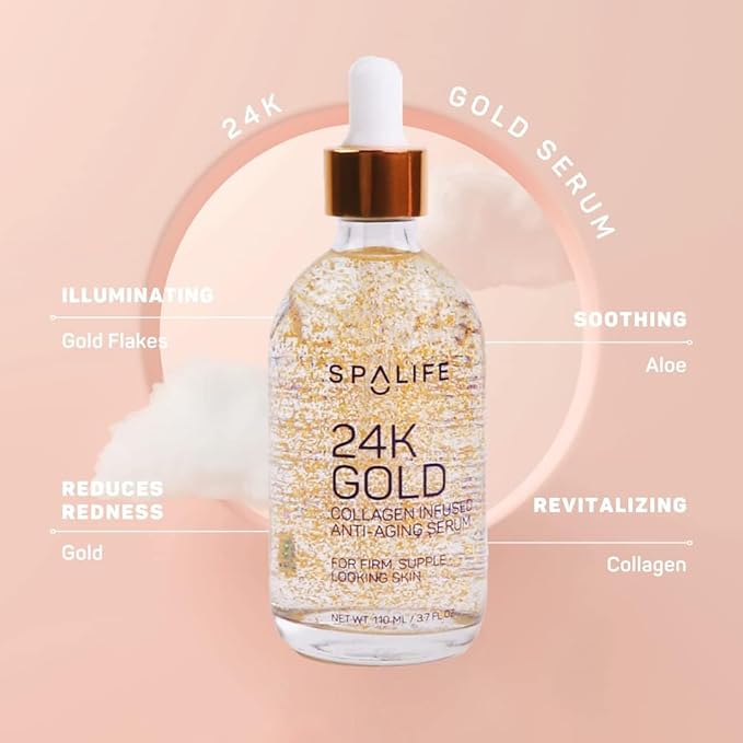 Spa Life Face Serum: 24K Gold Collagen, Hydrating Hyaluronic Acid Serum 100 ml (3.7 oz) - For Supple Skin, Radiance Boosting, Firming & Hydrating (2 Pack)