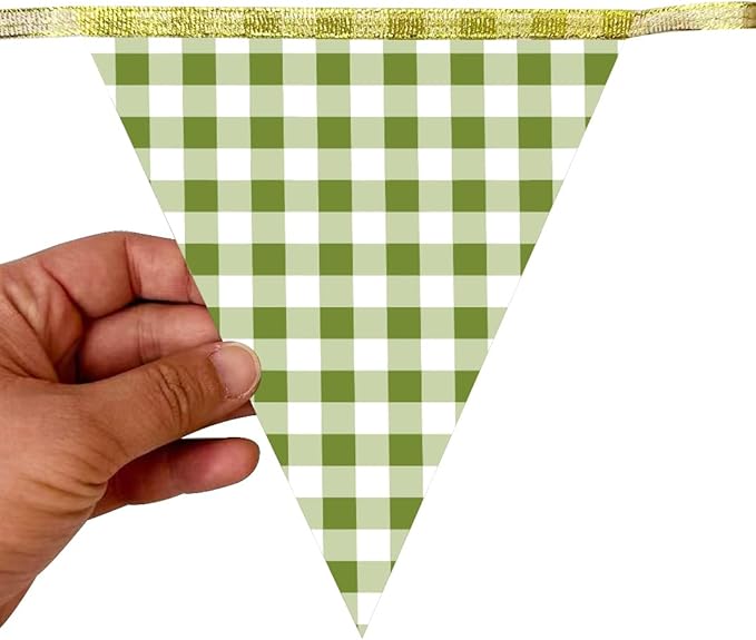 Sage Green Gold Buffalo Plaid Pennant Banner Flag Oilve Green Gold Hanging Glitter Paper Triangle Bunting for Birthday Neutral Baby Shower Wedding Safari Jungle Woodland Party Decorations Supplies