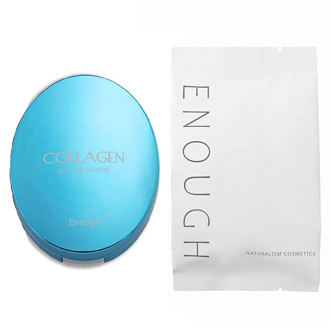 ENOUGH Collagen Aqua Air Cushion SPF 50, Full Coverage Hydrating Foundation Makeup, Tinted Moisturizer Sunscreen, Korean Skin Care Cosmetics for Women, Dewy Finish (#21 Natural Glow with Refill Set)