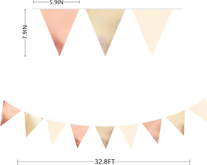 Rose Gold Champagne Gold Beige Party Decorations Metallic Fabric Triangle Flag Pennant Banner Garland Bunting for Engagement Bridal Shower Wedding Birthday Baby Shower Graduation Decoration Supplies