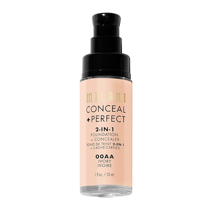 Milani Conceal + Perfect 2-in-1 Foundation + Concealer for a Flawless Complexion, Under Eye Corrector, Cover Redness and Imperfections, Waterproof and Sweatproof - Ivory