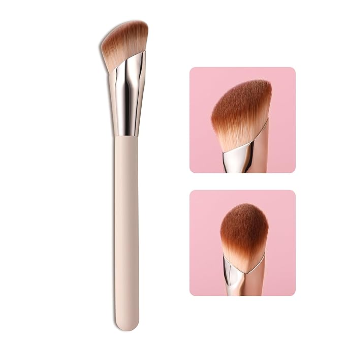 Angled Foundation Brush for Liquid, 16.2CM/6.4in Angle Contour Brush Kabuki Makeup Brushes with Soft Dense Synthetic Bristles Face for Liquid, Buffing, Contouring, Bronzer, BB Cream, Blending (Pink)