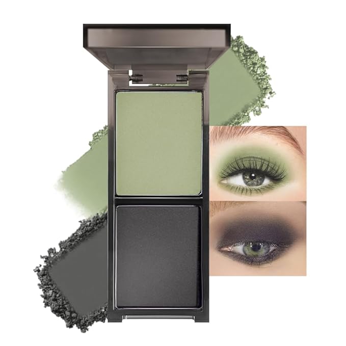 Green Black Two Color Matte Shimmer Glitter Eyeshadow,Bright Eye Shadow Powder,Professional Long-Lasting Waterproof Makeup Palette,Easy-To-Apply and Compact for Travel