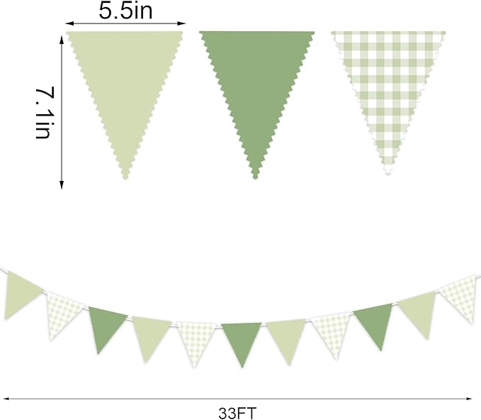 33Ft Green Party Hanging Banner Decoration Green Pennant Plaid Triangle Flag Fabric Bunting Garland for Birthday Wedding Baby Shower Party Supplies
