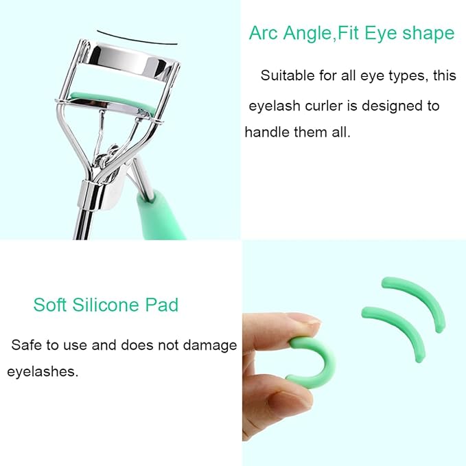 Eyelash Curler - Ergonomic Design for All Eye Shapes, Precision Curl Control, Superior Long- Lasting Curl, Gentle on Lashes, Includes 2PCS Silicone Replacement Pads, Easy to Use (Green)