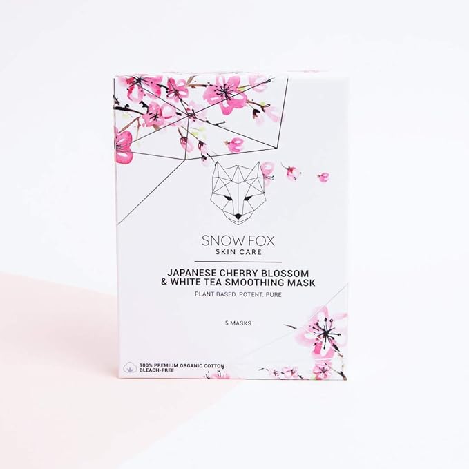 Snow Fox Japanese Cherry Blossom & White Tea Smoothing Sheet Mask – Hydrating Face Mask for Glass Skin Glow & Bridal Makeup Prep – Moisturizing Facial Skin Care for all Types – 5 Pack
