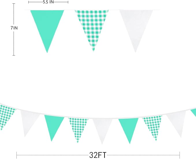 32Ft Aqua Green Plaid Checkered Party Banners Gingham Triangle Pennant Flag Bunting Fabric Garland Streamers for Wedding Birthday Picnic BBQ Bridal Baby Shower Outdoor Garden Festivals Decoration