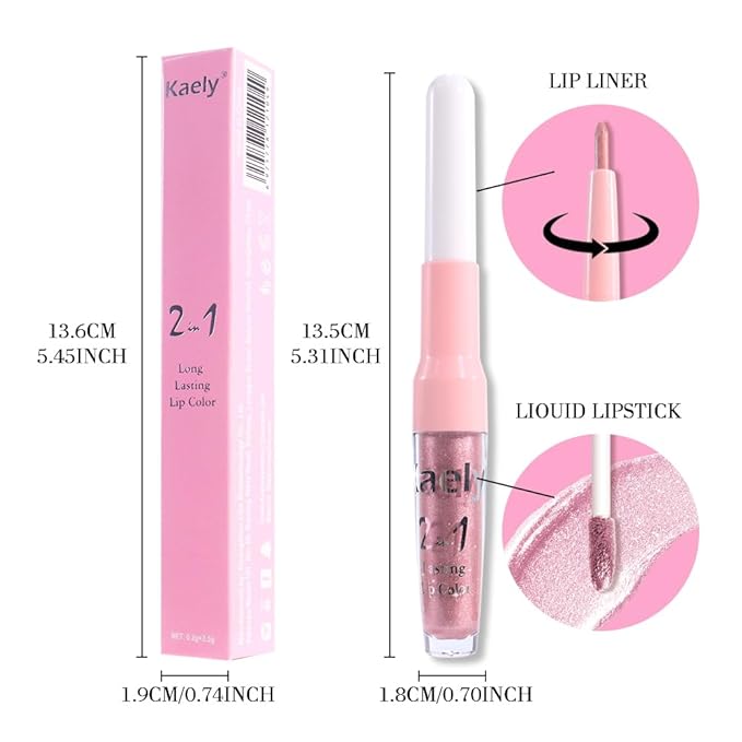 Kaely 2-in-1 Light Pink Metallic Lipstick and Lip Liner, Shimmer Liquid Metallic Lipsticks for Women, Glitter Lip Gloss Stain Long Lasting Waterproof Smudge Proof 24 Hour, Vegan Makeup, 02