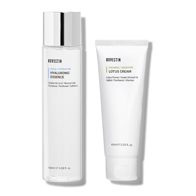 ROVECTIN Calming Lotus Water Cream (2.03 fl.oz, 60ml) Moisturizer + Aqua Hyaluronic Essence (6.08 fl.oz, 180ml) Facial Toner Bundle | Vegan Korean Skincare [2 Pack]