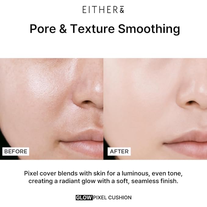 EITHER& Glow Pixel Cushion Foundation, Glowy Skincare, Korean Makeup, Natural Coverage, Moisturizing, Lightweight, Long Lasting Coverage for Flawless Skin (25P Honey)