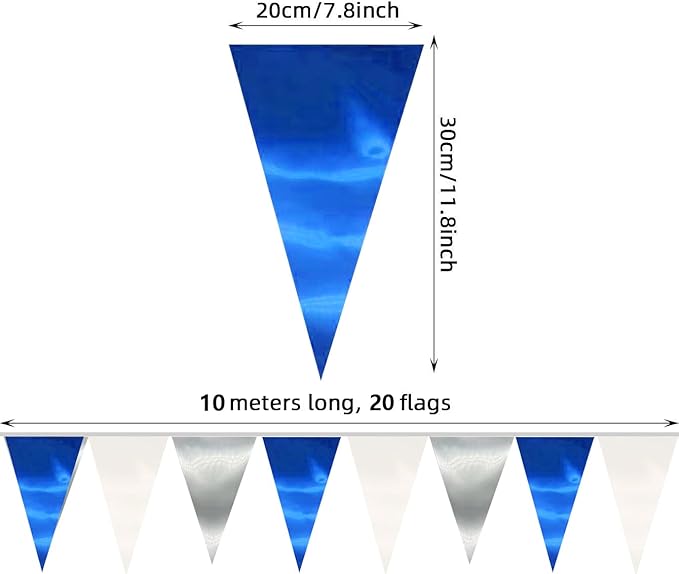 65FT Navy Blue White Silver Triangle Pennant Banner Flag Metallic Fabric Bunting Garland for Christmas Graduation Birthday Wedding Bridal Shower Nautical Ahoy Achor Theme Party Decorations Supplies